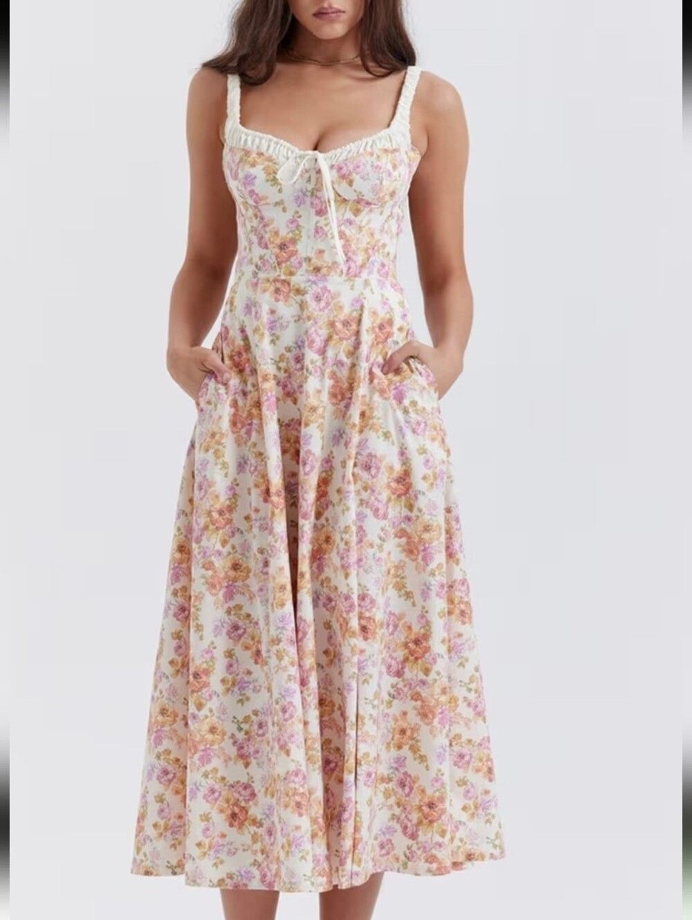 Princess Fit Midi Floral Corset Midi Dress - White Pink & Gold Floral Sz Medium